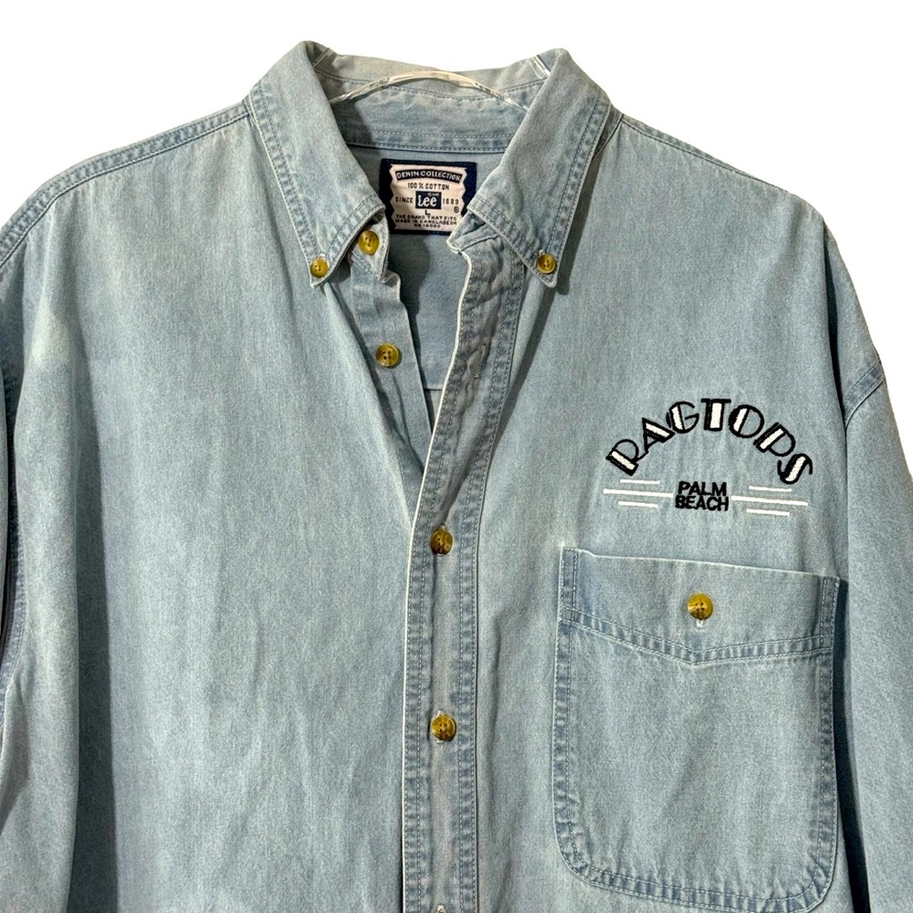 100% Cotton Palm Beach Ragtops Denim Lee Embroidered Button Down Size Large